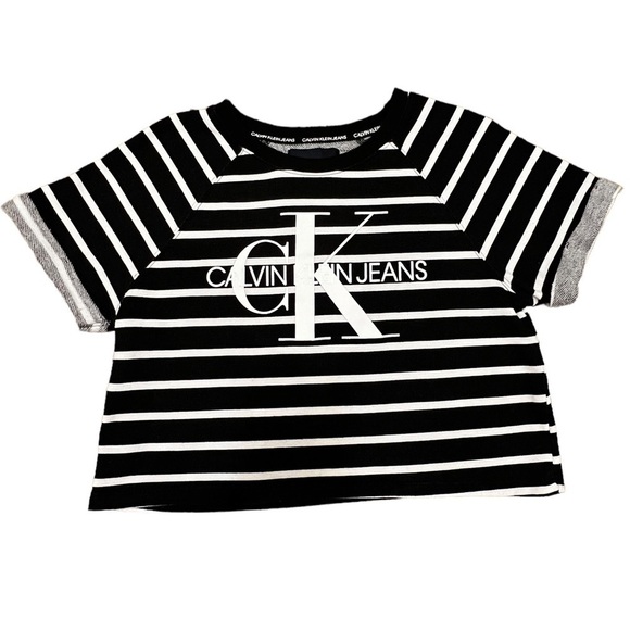 CALVIN Klein Black Striped Cotton Blend Boat Neck Short Sleeve Crop Top, Size M - Picture 7 of 12